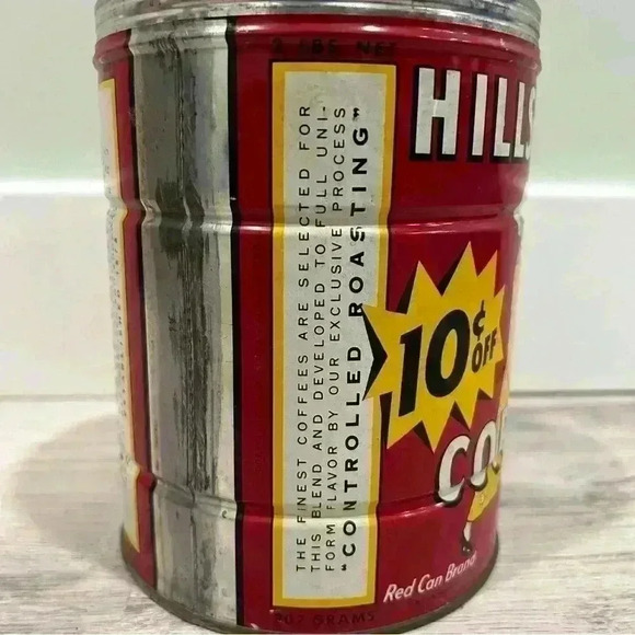 Vintage Hills Bros Coffee Can Red Tin 2lb 10 Cents Off Advertisement - No Lid - Picture 2 of 7